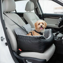 DreammyDoggie black dog car booster seat with grey plush interior, featuring a small dog secured in a car back seat.