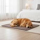 DreammyDoggie brown self-cooling gel mat with a golden retriever sleeping comfortably on it in a bright bedroom.