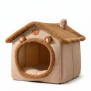 DreammyDoggie brown foldable plush dog bed house with a cozy bear-themed design and removable interior cushion