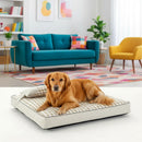 DreammyDoggie plush dog bed with a beige and white checkered cotton cover, featuring a small matching pillow.