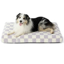DreammyDoggie large orthopedic dog bed with a purple and white checkered pattern, featuring a plush velvet surface.