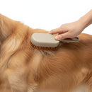 DreammyDoggie electric steamy pet grooming brush with orange bristles massaging a golden dog's coat