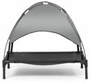 DreammyDoggie elevated cooling dog bed in grey with a canopy for shade, featuring a breathable mesh surface.