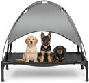 DreammyDoggie elevated cooling dog bed with a grey canopy and mesh base, featuring three puppies sitting together.