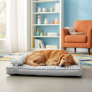 DreammyDoggie plush dog bed with grey and white gingham cotton cover and a golden retriever sleeping comfortably