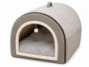 DreammyDoggie gray indoor dog kennel with soft memory foam cushion, breathable fabric, and a cozy arched entrance.