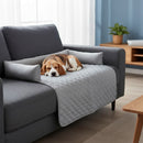 DreammyDoggie gray quilted dog bed couch protector with raised bolsters, featuring a beagle sleeping comfortably.