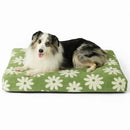 DreammyDoggie large orthopedic dog bed with a green daisy pattern, featuring a plush surface and a resting dog