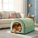 DreammyDoggie green patterned dog kennel with a golden retriever resting inside on memory foam in a cozy living room
