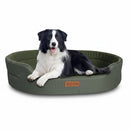 DreammyDoggie green waterproof sofa dog bed with raised edges and a Border Collie resting comfortably inside