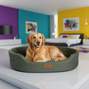 DreammyDoggie large green waterproof sofa dog bed with raised edges, featuring a golden retriever resting indoors.