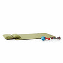 DreammyDoggie green foldable waterproof travel dog mat with a small pillow and dog toys on a white background
