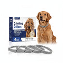 DreammyDoggie grey calming pheromone dog collars in a 4-pack with packaging and a Golden Retriever wearing one