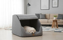 DreammyDoggie grey enclosed dog kennel with a washable cover and memory foam base, featuring a small dog resting inside.