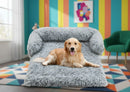 DreammyDoggie large grey faux fur dog sofa bed protector with a golden retriever resting comfortably on it