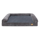 DreammyDoggie grey orthopedic dog sofa bed with plush fleece surface, bolster sides, and anti-slip base