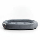 DreammyDoggie grey plush human dog bed with high-density foam padding and a side pocket for relaxation