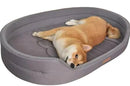 DreammyDoggie grey waterproof sofa dog bed with raised edges and a Shiba Inu resting comfortably inside.
