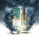 DreammyDoggie hemp oil for dogs and cats in a 30ml dropper bottle with packaging against a stormy sky background