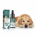 DreammyDoggie hemp seed oil bottle and box for dogs with a golden retriever resting in the background