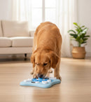 DreammyDoggie interactive dog puzzle toy in light blue, featuring a rotating treat dispenser for mental enrichment