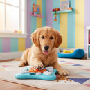 DreammyDoggie interactive dog puzzle toy with treats being used by a Golden Retriever on a colorful rug