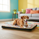 DreammyDoggie large dog mattress with a vibrant British mix and match pattern, featuring a brown dog resting on top.