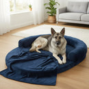 DreammyDoggie extra-large navy blue orthopedic human dog sofa bed with a cozy blanket, featuring a German Shepherd.