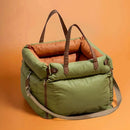 DreammyDoggie olive green and tan faux leather booster dog car seat with plush interior and adjustable carry straps
