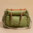 DreammyDoggie luxury faux leather booster dog car seat in olive green with brown accents and carry straps