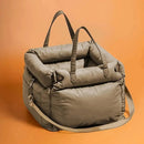 DreammyDoggie luxury olive green faux leather booster dog car seat with plush padding and adjustable carry straps