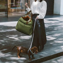 DreammyDoggie portable olive green pet carrier bag being carried by a person walking a small brown dachshund