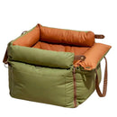 DreammyDoggie luxury faux leather booster dog car seat in olive green and tan with plush padding for pet comfort