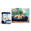 DreammyDoggie organic calming drops for pet anxiety shown with a bottle and a French Bulldog sleeping in a blue bed