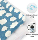 DreammyDoggie orthopedic dog bed featuring a blue cloud-patterned velvet cover, waterproof lining, and washable fabric.