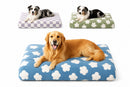 DreammyDoggie orthopedic dog beds in blue, green, and purple with floral and checkerboard patterns on a white background