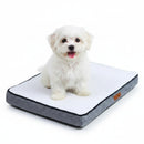 DreammyDoggie orthopedic memory foam dog bed with a white plush top and grey sides, featuring a small white puppy sitting.