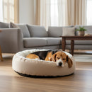 DreammyDoggie orthopedic anti-anxiety dog bed with plush white vegan fur interior and beige waterproof exterior