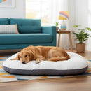 DreammyDoggie premium oval dog bed with a thick white plush cushion and grey base, featuring a golden retriever resting