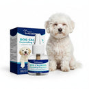 DreammyDoggie organic calming drops for pet anxiety with a small white dog sitting next to the bottle and box