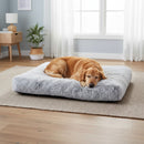 DreammyDoggie orthopedic dog bed with plush grey memory foam for joint relief, featuring a sleeping golden retriever.