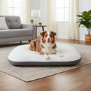 DreammyDoggie premium oval dog bed with a thick white plush cushion and grey base, featuring an Australian Shepherd.