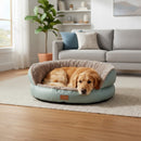DreammyDoggie round plush dog sofa bed in sage green with a golden retriever resting inside a cozy living room.