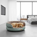 DreammyDoggie round plush dog sofa bed in sage green with a golden retriever puppy resting inside a modern bedroom.
