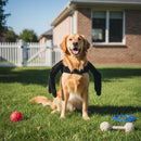 DreammyDoggie golden retriever wearing a funny black spider Halloween costume with plush legs while sitting on a lawn