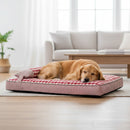 DreammyDoggie plush dog bed with red and white striped cotton cover, featuring a golden retriever sleeping comfortably.
