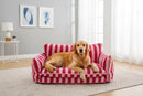 DreammyDoggie striped faux fur pet sofa with a golden retriever resting comfortably in a modern living room
