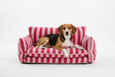 DreammyDoggie striped faux fur pet sofa with a beagle dog resting comfortably on it against a white background