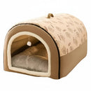 DreammyDoggie tea brown waterproof dog kennel with a cozy interior, memory foam base, and cute bear pattern print.