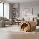 DreammyDoggie warm winter dog house with a golden retriever sleeping inside, featuring tan fabric and a cozy tunnel design.